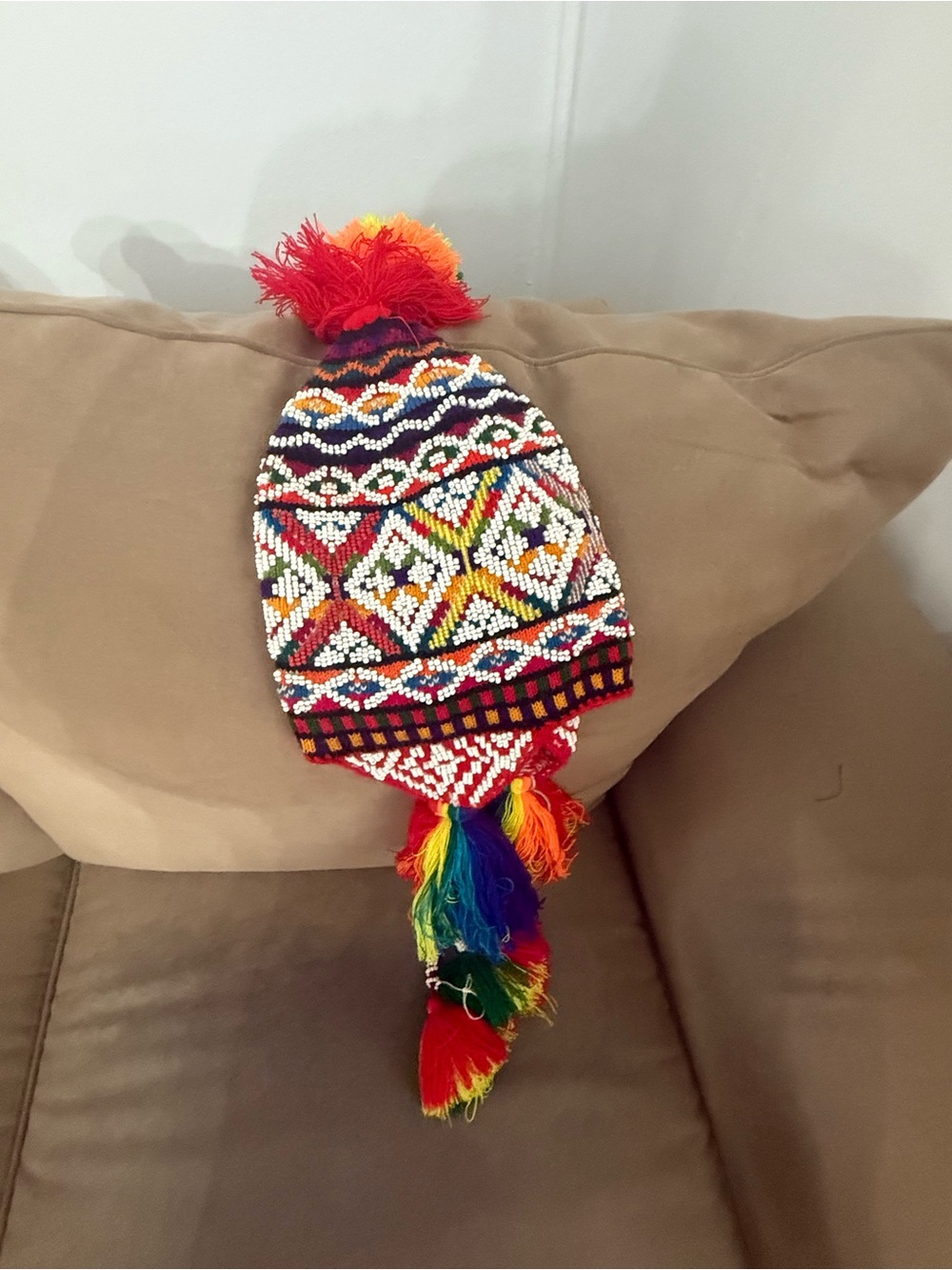Rainbow Authentic Peruvian Pom Knit Beanie Hat - Multi